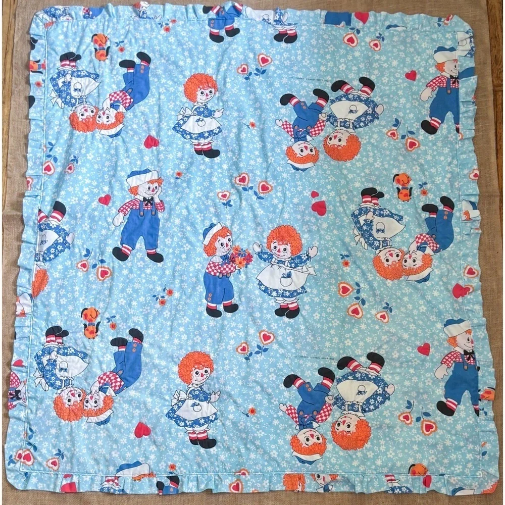 Vintage Blue Floral Raggedy Ann And Andy Quilt Coverlet Handmade Nostalgia